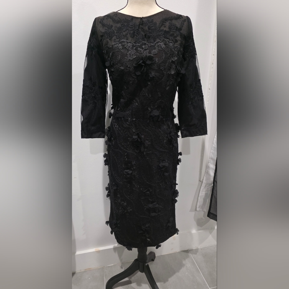 DAVID MEISTER Black Nude Sheer Embroidered Lace Illusion Yoke Sleeves Dress 10